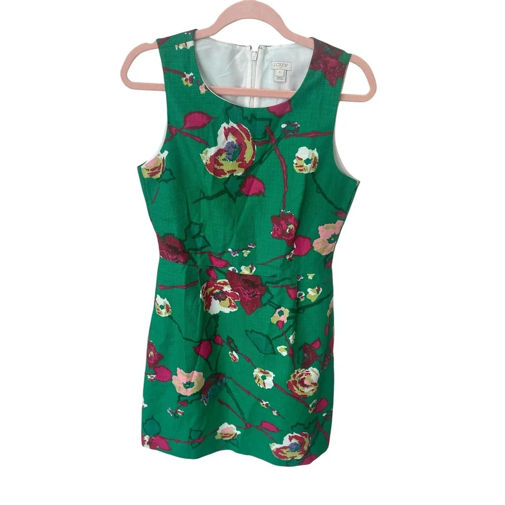 J.Crew 100% Cotton Sleeveless Dress‎ – Green with Bright Pink Flowers – Size 6